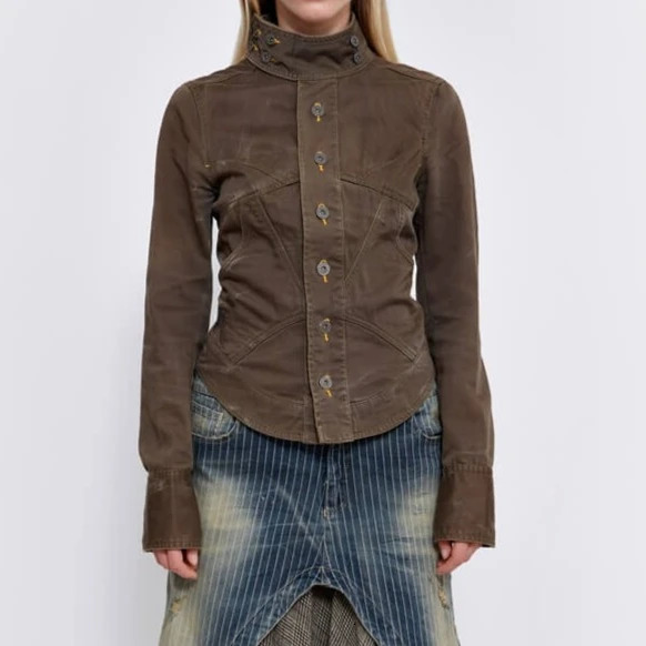 Y2K Dark Brown Jacket Womens Harajuku Sexy Back Lace Up Coats Slim Fit Denim Jacket Gothic Punk Stand Collar Short Zipper Jacket 251223