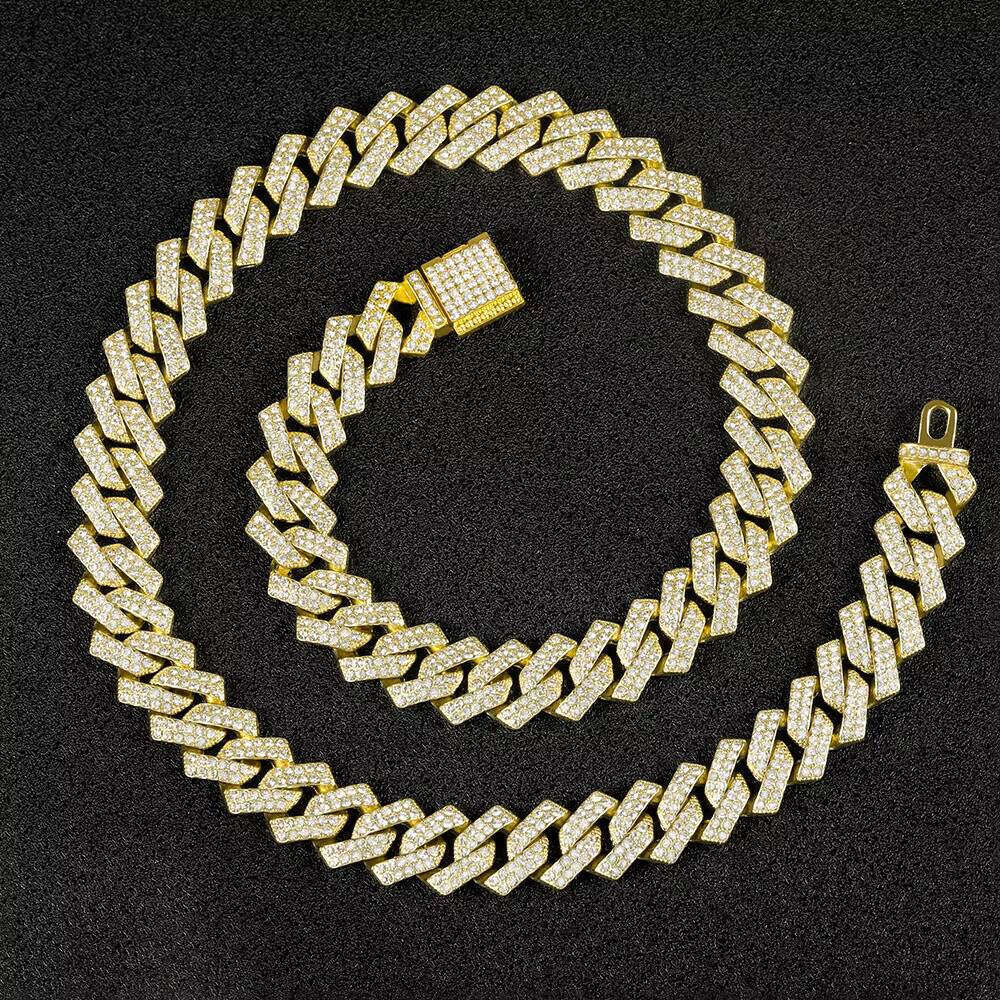High-Quality 15mm Full Flip Source Manufacturer's Geometric Link Hip-Hop Cuban Chain Necklace Bracelet Main Alloy
