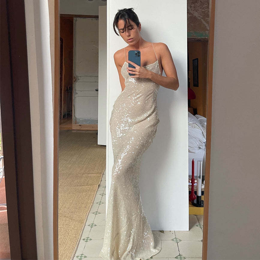 New Womens Dress Floor-length Gown Backless Strap Dress Slim Fit Sequin Dress