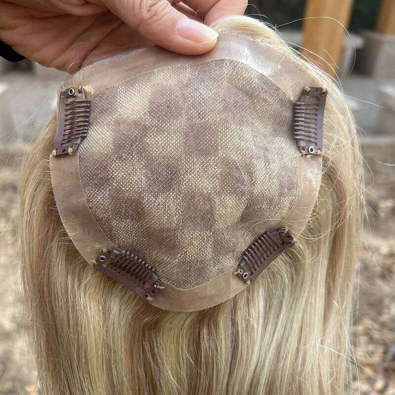 P18/613 5*5 Mono topper Hand tied 16INCH Monofilament PU Toupee with Clip virgin Human hair women Swiss lace base