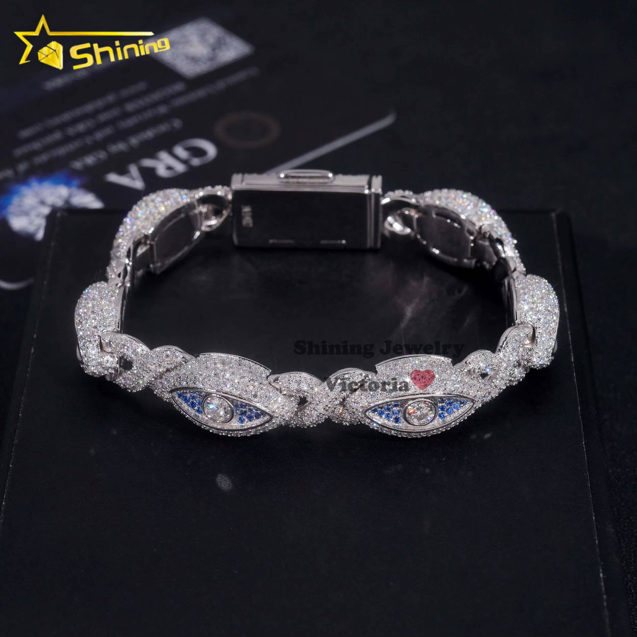 Stylish 8K Gold Plated 925 Sterling Silver Men Hip Hop Jewelry 10MM Moissanite Evil Eye Infinity Link Cuban Bracelet
