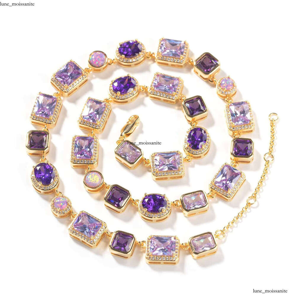 VVS Moissanite Hot Sale Luxury 10mm Geometric Purple Gemstone Necklace High-Quality Brass Chain Rhodium Fashion Hip-Hop Unisex