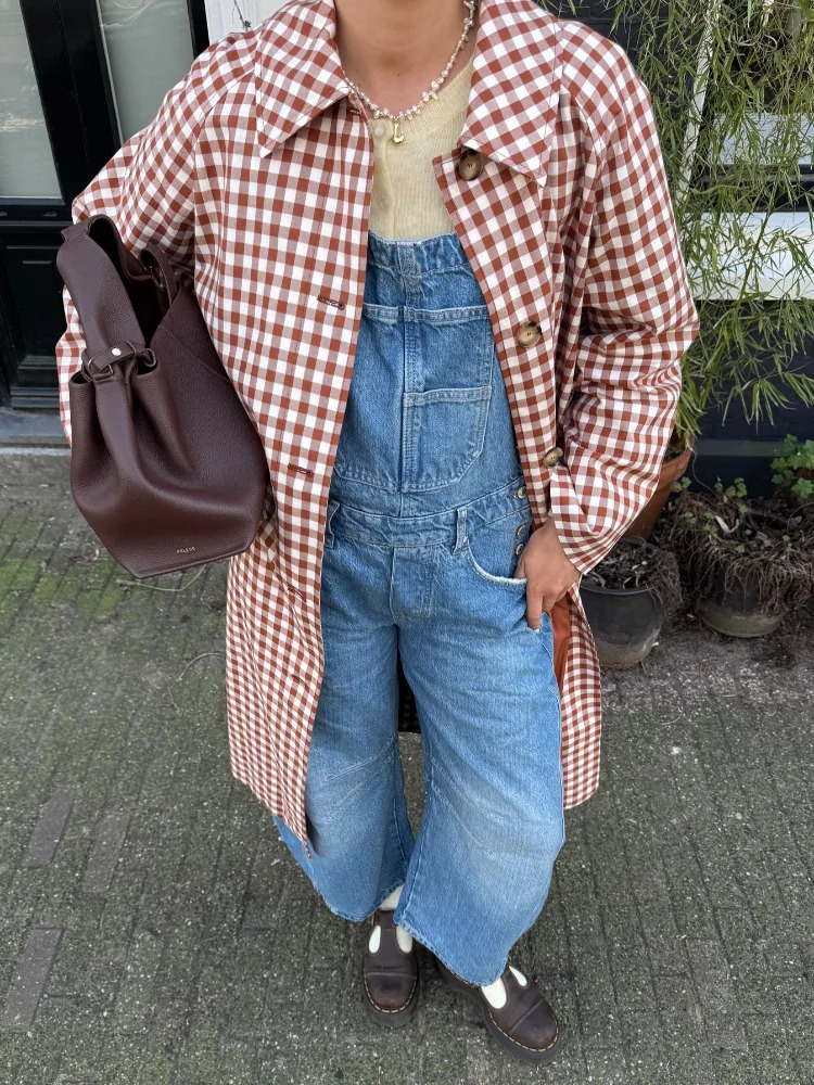 Red Plaid Long Trench Coat Women Chic Lapel Single Breasted Full Sleeve Windbreaker Jacket 2025 Autumn Lady Street Outwear 251231