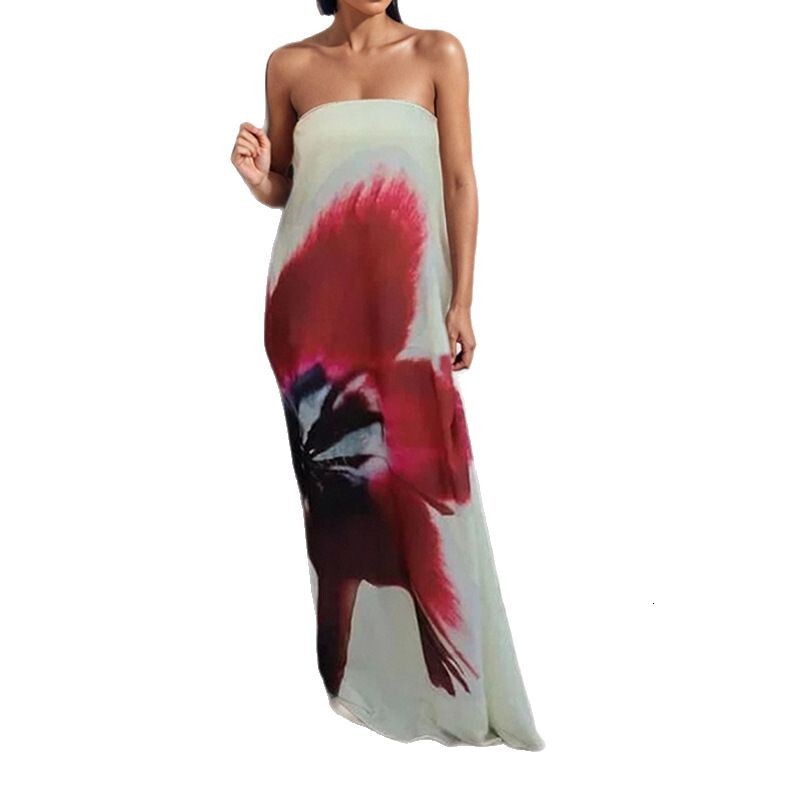 Summer New Cross-border Womens Fashion Color-block Sleeveless Sexy Printed Tube Top Long Dress for Women