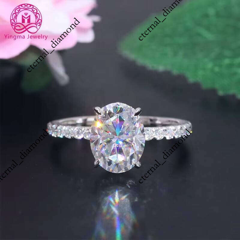 VVS Moissanite Yingma Fashion Engagement with GRA Certificate 2ct Oval Gold Splicing Silicon Stone Ring Hidden Halo