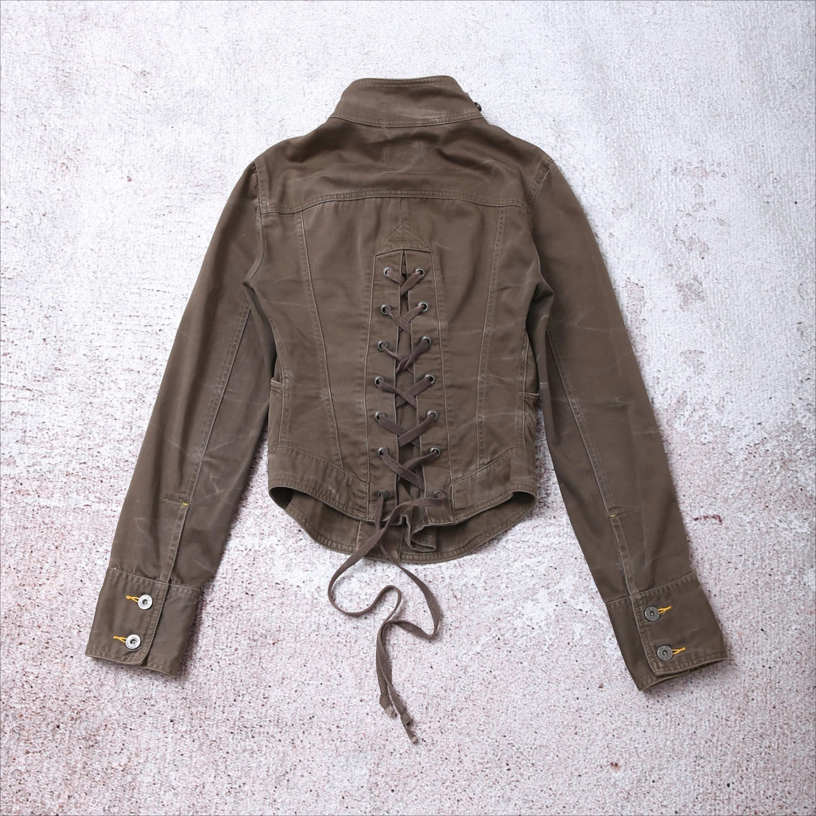 Y2K Dark Brown Jacket Womens Harajuku Sexy Back Lace Up Coats Slim Fit Denim Jacket Gothic Punk Stand Collar Short Zipper Jacket 251223