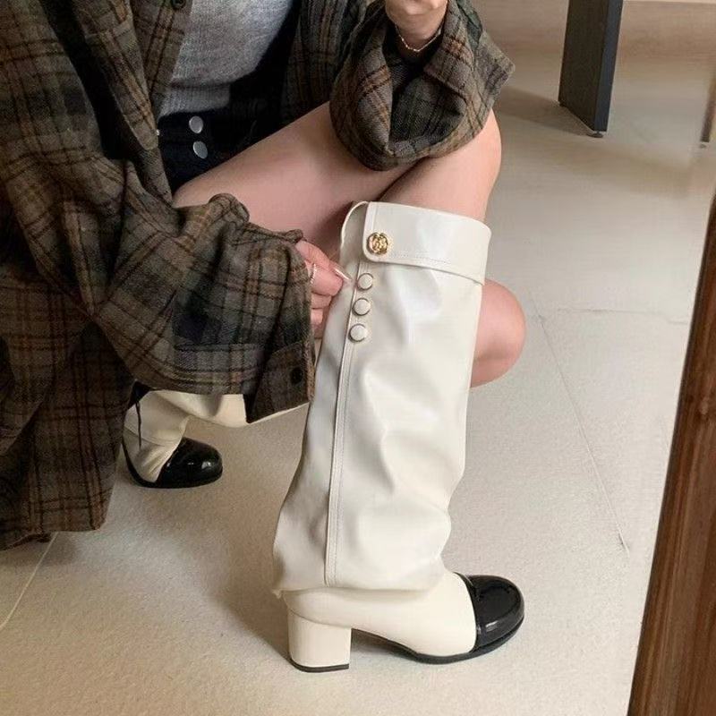 Free shipping 2026 New Style High Heel Round Toe Color Block Women's Platform Boots with Long Pants