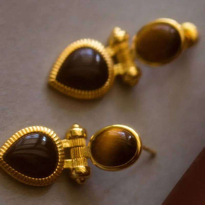 vintage original design Brown cat's eye stone earings water droplet Black agate earrings for women High quality fashion jewelry