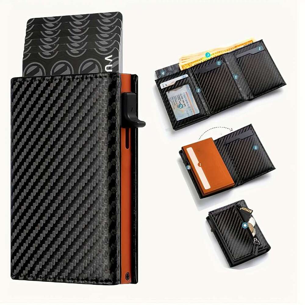JINXIANGGUO Stylish Pop Up Wallet Black Orange Aluminum Credit Holder Carbon Fiber Microfiber Synthetic Leather Slot RFID Blocking Metal Bank Card Sle