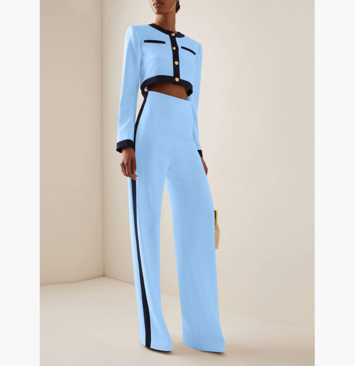 Women's Two Piece Pants Fashion Set Women Round Neck Long Sleeve Patchwork Singe Breasted Button Top Loose Wide Legs Casual Sets Autumn