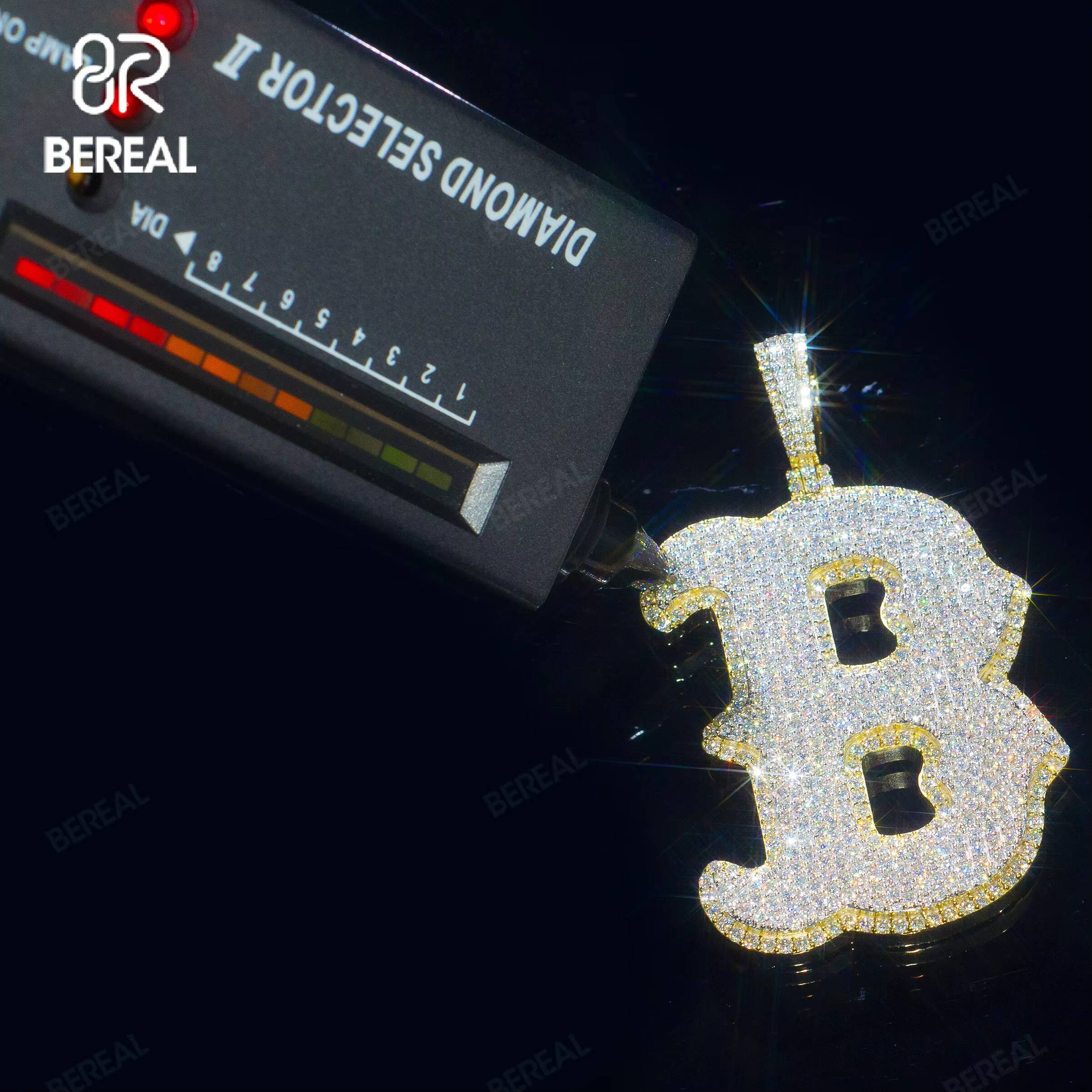 Custom Vvs Moissanite Letter B Pendant Charms Pass Diamond Tester Iced Out Round Cut Diamond 925 Silver Initial Pendant