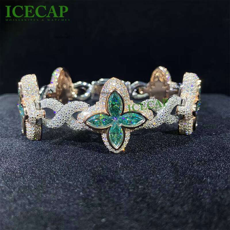 New Arrival Fashion Rapper Jewelry Ice Out 925 Silver Gold Plated Carbonite Green Clover Infinity Link Cuban Bracelet for Men