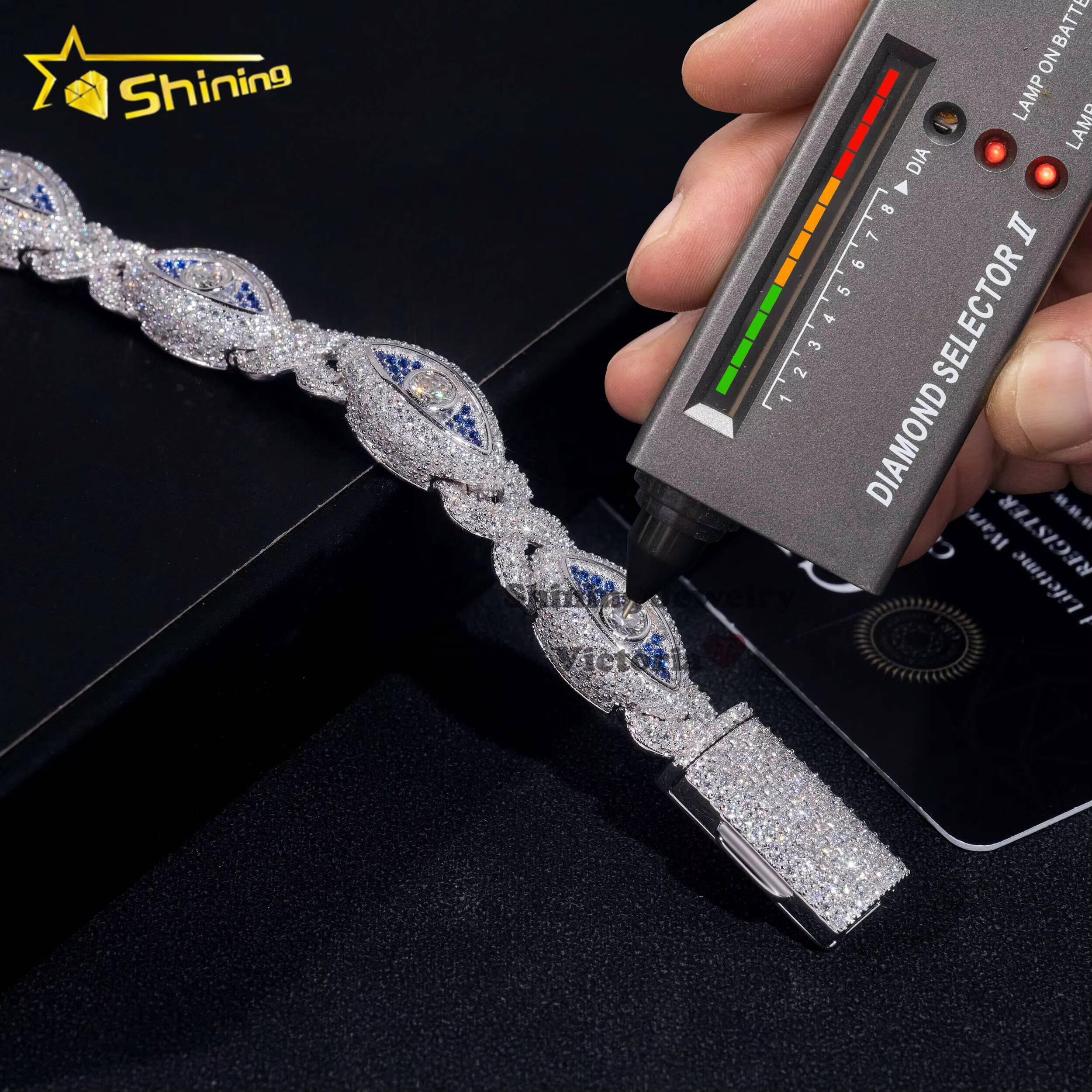 Stylish 8K Gold Plated 925 Sterling Silver Men Hip Hop Jewelry 10MM Moissanite Evil Eye Infinity Link Cuban Bracelet