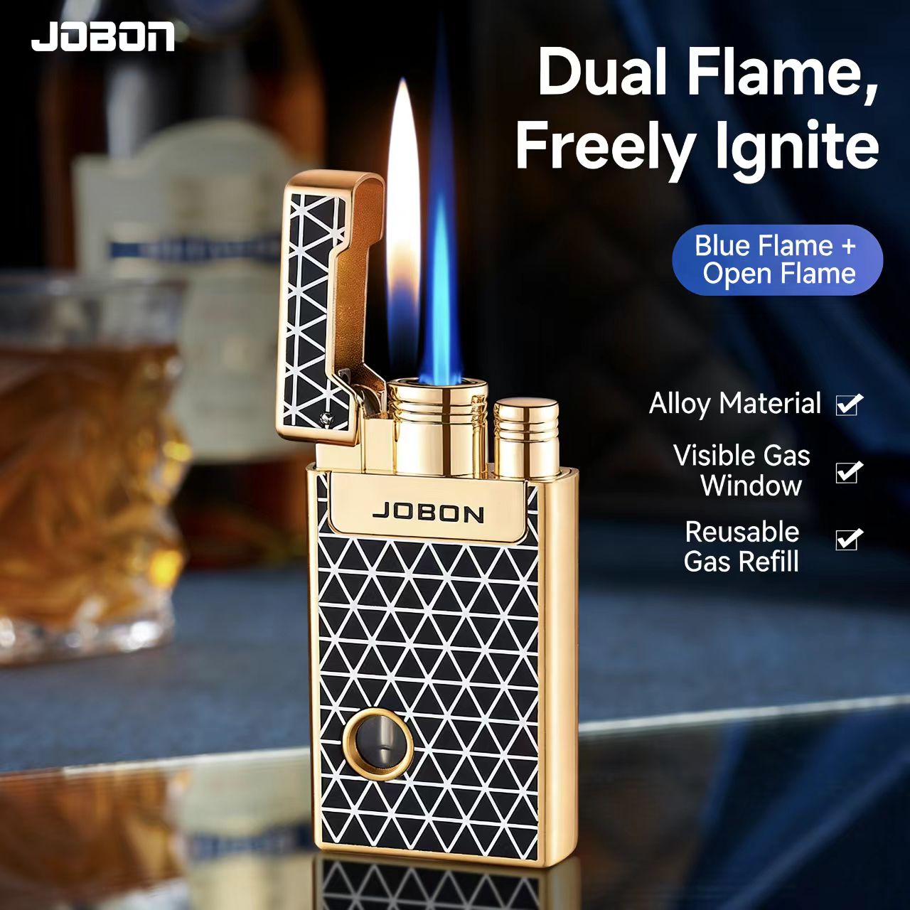 JOBON Dual-Flame Lighter: Transparent Visible Gas Tank, Jet & Soft Flame Switchable, Refillable, Windproof, Cigarette Lighter W260202