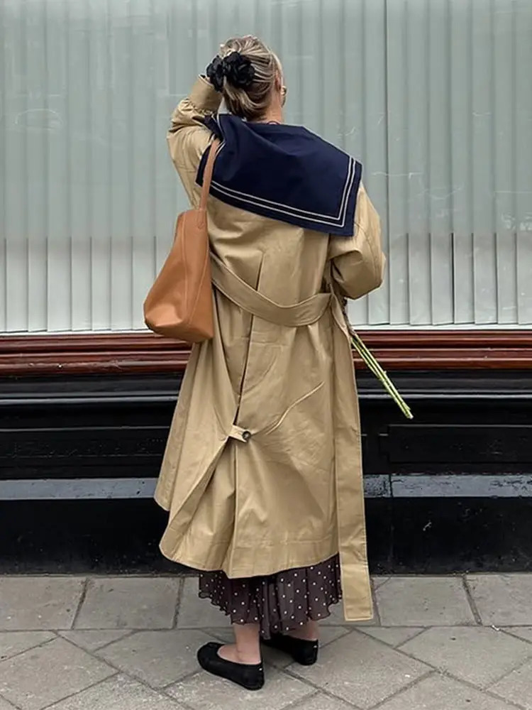 Vintage Womens Long Trench Coat Laceup Jacket Navy Sailor Collar Belt Chic Maxi Outerwear Loose Fit Demiseason Casual Outfit 251231