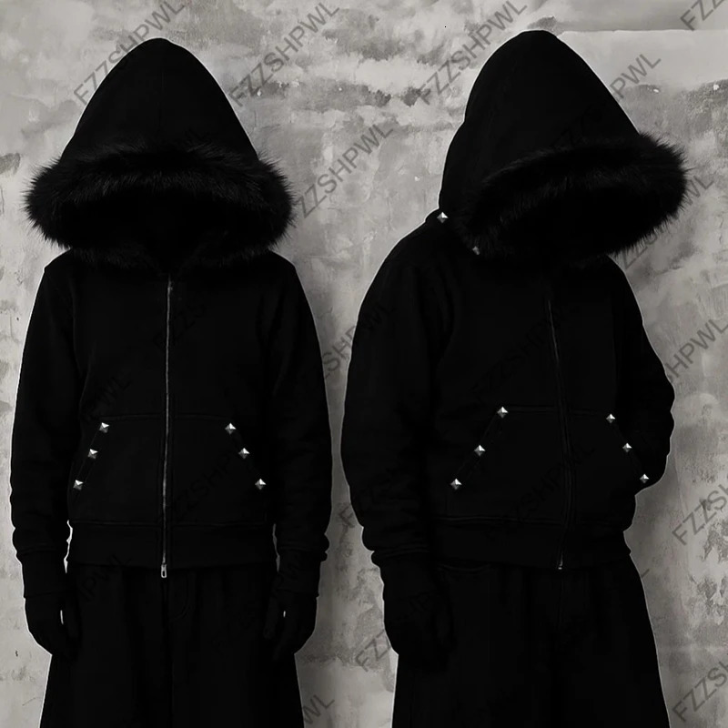 Rivet n Punk Dark Faux Fur Collar Y2K Zip up hoodie Fashion Jacket Streetwear Hip Hop Zipper Hoodie sweatshirt Gothic Chic 251230