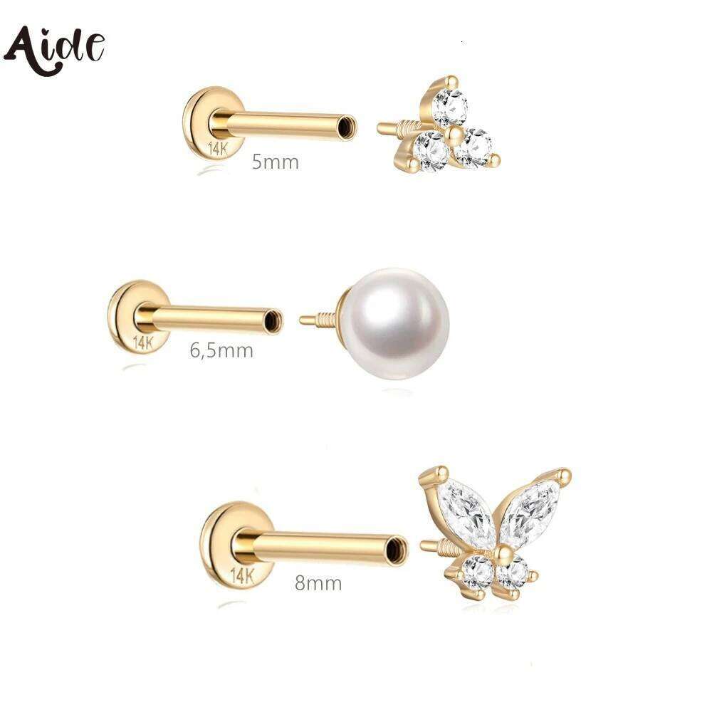 Aide Plata 100% Real 14K Solid Gold 5/6.5/8mm Length Stud Earring Simple Design Piercing Bone Ear Studs DIY Vintage Jewelry