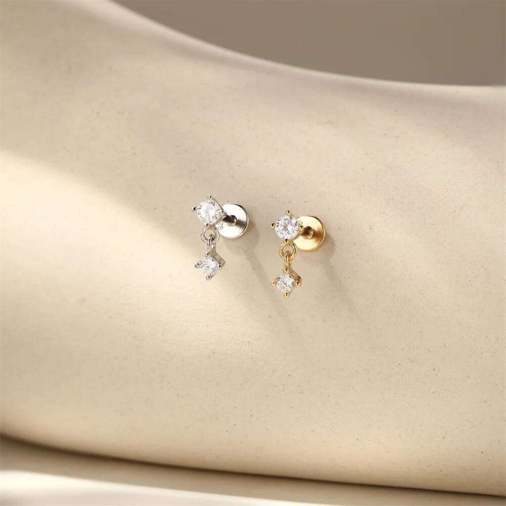 Aide 1pc 925 Sterling Silver Mini Zircon Thick Flat Screw Back Drop For Women K Gold Piercing Stud Earrings Jewelry