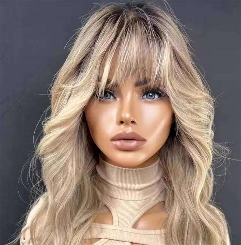 Lace Part for Women Ombre Ash Honey Blonde Colored Glueless Wigs with Bangs WEar and go 100% Natural Woman"s Wig Synthetic