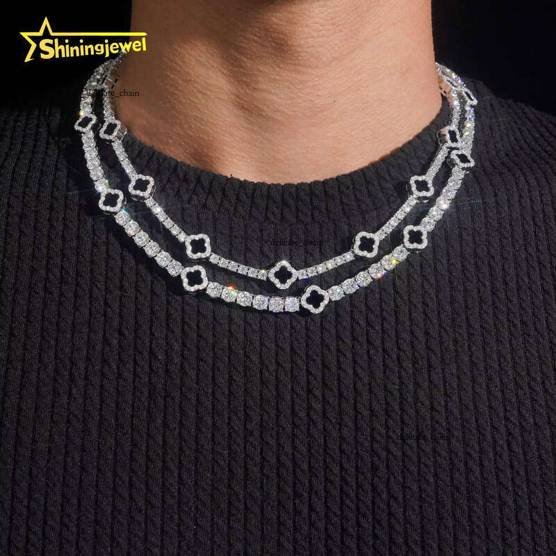 VVS Moissanite In Stock 3mm 5mm Black Onyx Clover Necklace Bracelet Tennis Chain Chalcedony 925 Sterling Silver