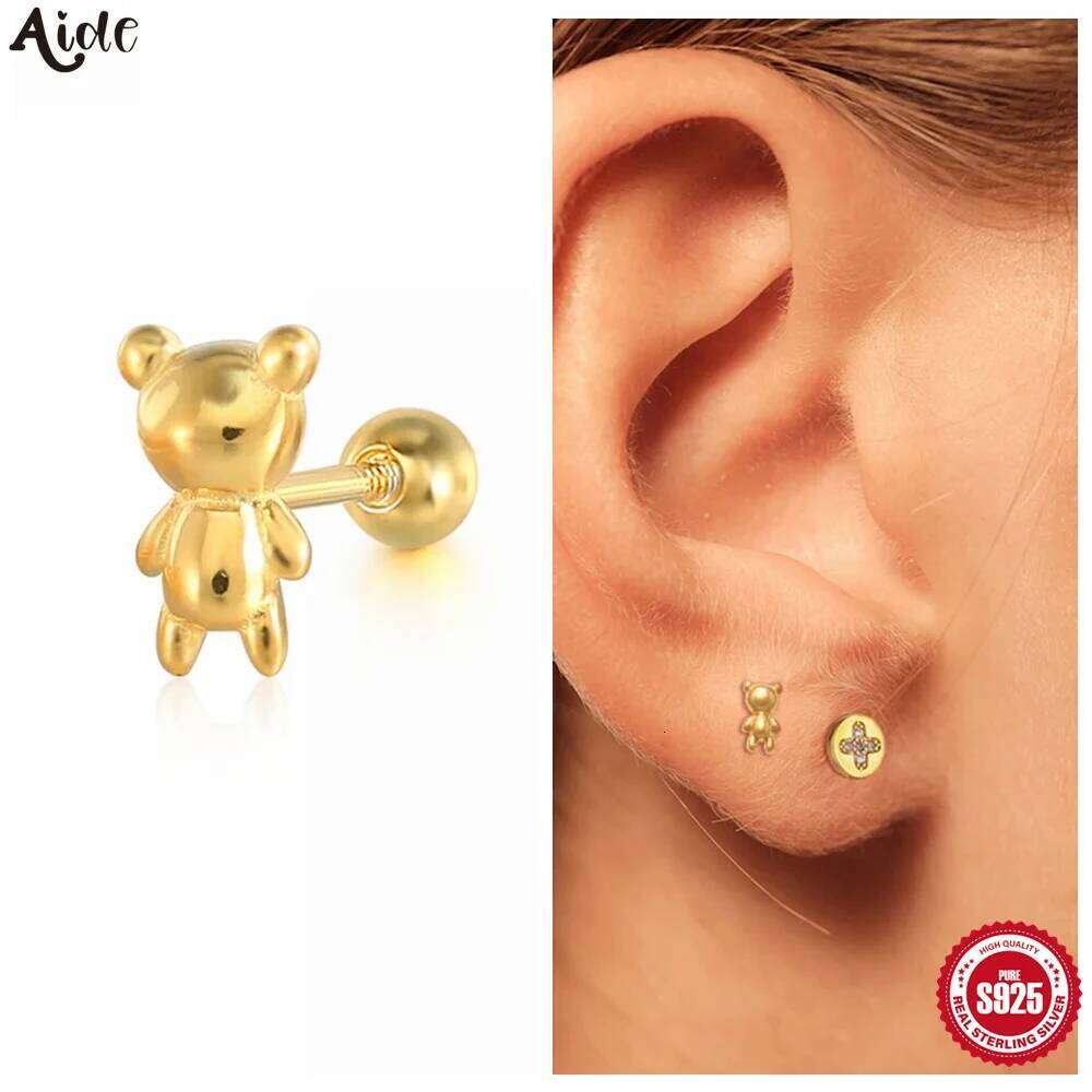 Aide 925 Sterling SilverCute Small Golden Bear Stick Earpost Spiral Stud Earrings For Women Classic Fashion Ear Bone Earring 1pc
