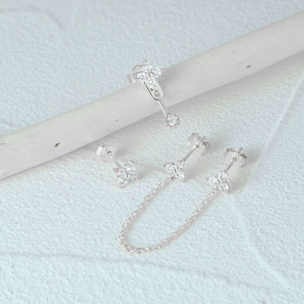 Aide 925 Sterling Silver 3pcs Set Flower Zircon Two Stud K Gold Chain Tassel Piercing Earrings For Women Luxury Jewelry Gift