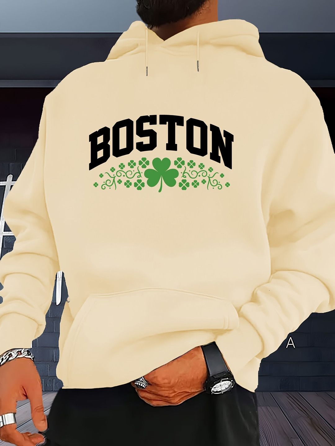 Men'S Casual Boston Green Clover Print Hoodie - 95% Polyester 5% Spandex, Long Sleeve, Regular Fit, Slight Stretch, Kangaroo Pocket,