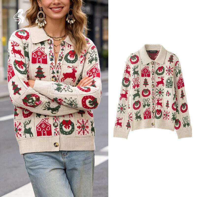 Vintage Christmas Pattern Cardigan For Women, Cute Reindeer Tree Knitted Jacket, Casual Button-Down Collared Sweater Coat