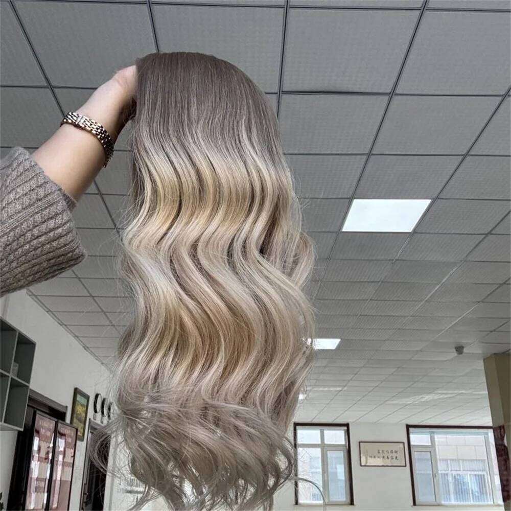 Highlight Ash Brown Blonde Colored Front Short Body Wave Synthetic Hair Wig 13x4 Lace Frontal Wigs For Women