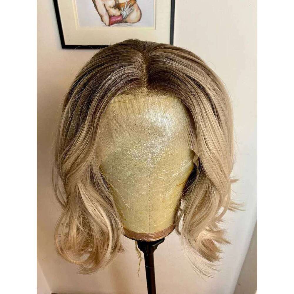 Rooted Synthetic Lace Frontal Highlight Light Blonde Natural Wave Transparent Pre Plucked Heat Resistant Fiber Wig for Women