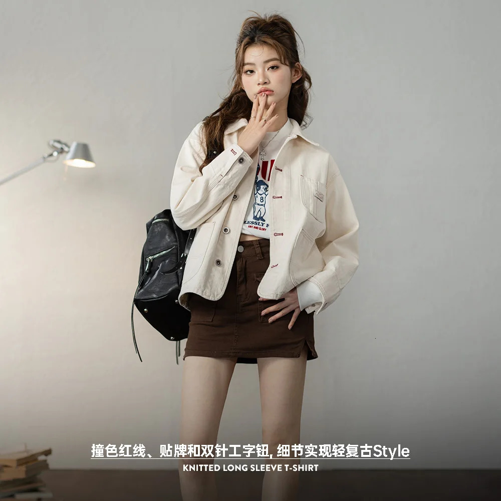 Maden Vintage White Denim Coat 112OZ Turndown Collar Jacket Loose Casual Single Breasted Women Clothing 251229