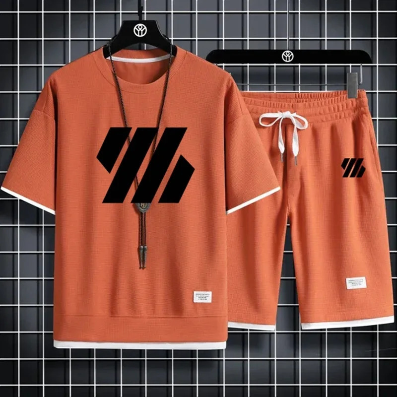 Mens Sports Suit Fashion Short Sleeve Tracksuit Men Suits Summer Two Piece Set Linen Fabric Casual TShirt and Shorts 251230