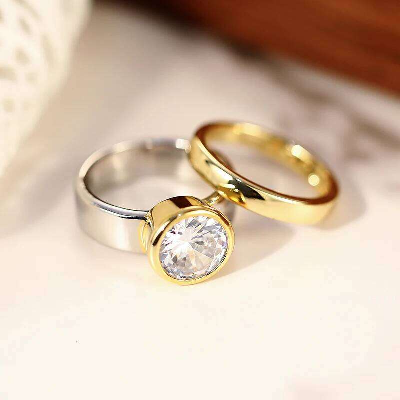 Huitan Two Tone 2Pcs Set for Women AA Cubic Zirconia Wedding Engagement Female Statement Rings Fashion Contracted Jewelry