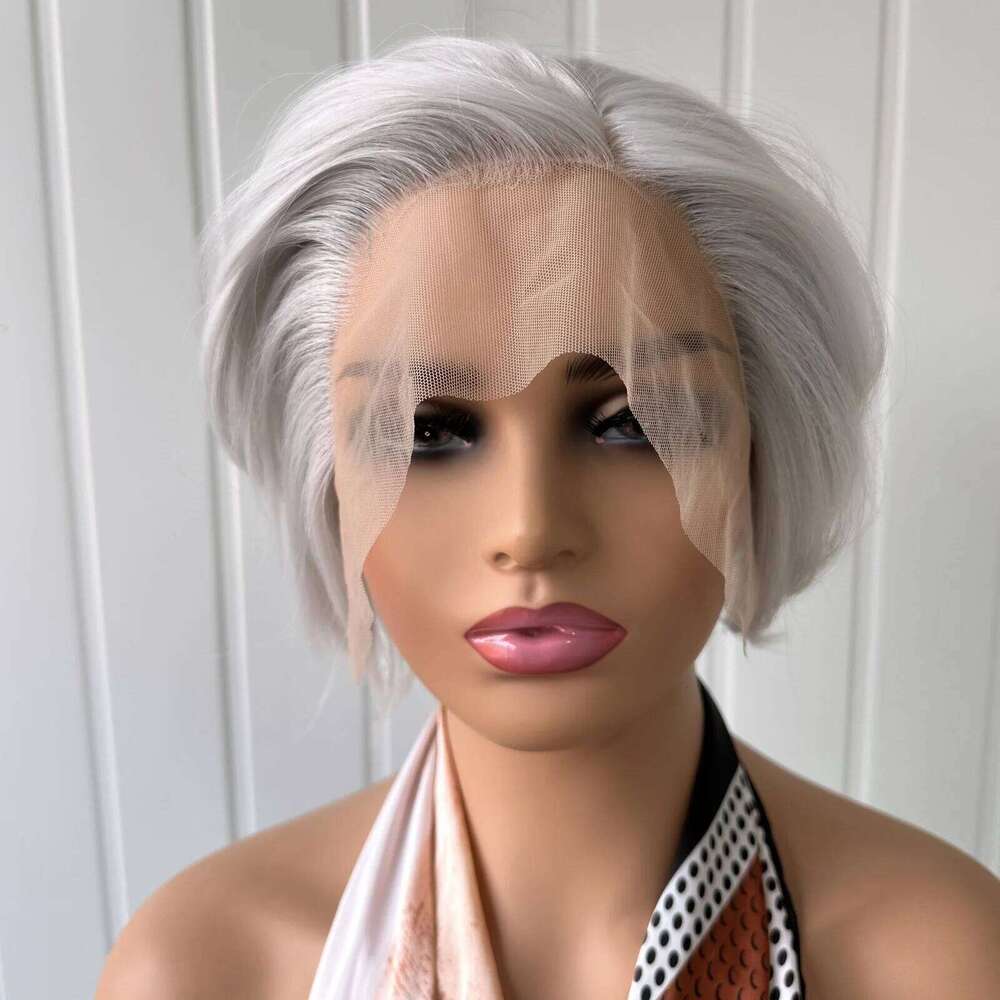 RDY Pixie Cut Short Bob Silver Grey Synthetic Front Wig Gluless Layered Straight Hair Frontal Lace Wigs for Women Daily