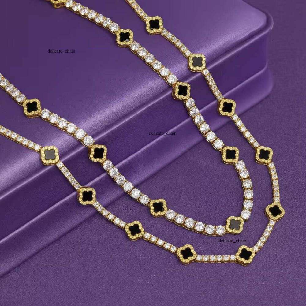 VVS Moissanite GRA 925 Sterling Silver 3mm 5mm Black Onyx Clover Tennis Chain Necklace Bracelet Fine Silicon Stone Jewelry