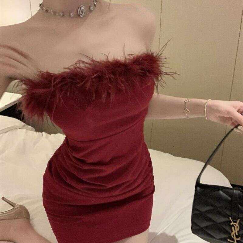 Thai Style New Celebrity Bodycon Sexy Furry Tube Top Elegant Slimming High-end Short Dress for Women