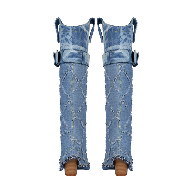 Chengdu Craftsmanship Washed Denim Knee High Boots 8.5cm Wedge Heel Pointed Toe Belt Buckle Boots