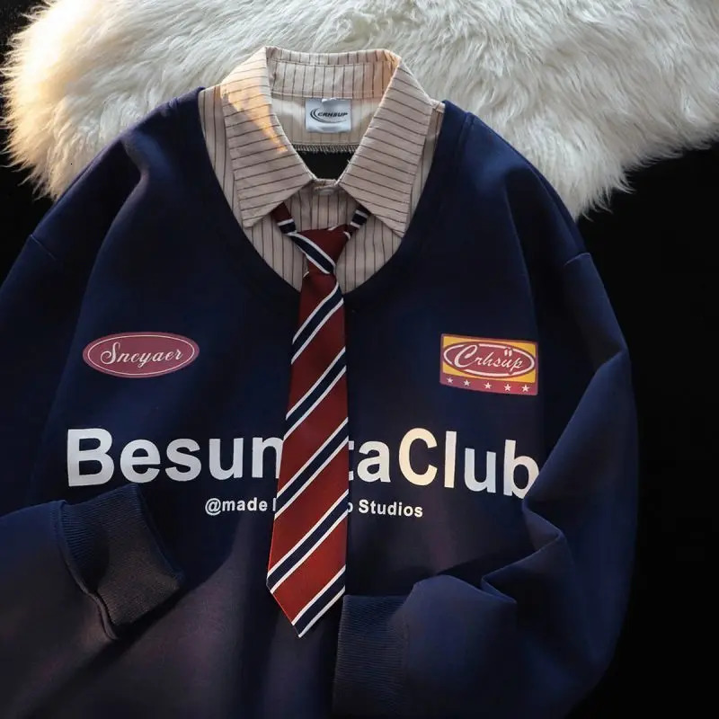 American College Style POLO Tie Two-piece Sweatshirt Mens Spring Autumn Thin Loose Korean Lazy Style Long-sleeved Jacket 251230