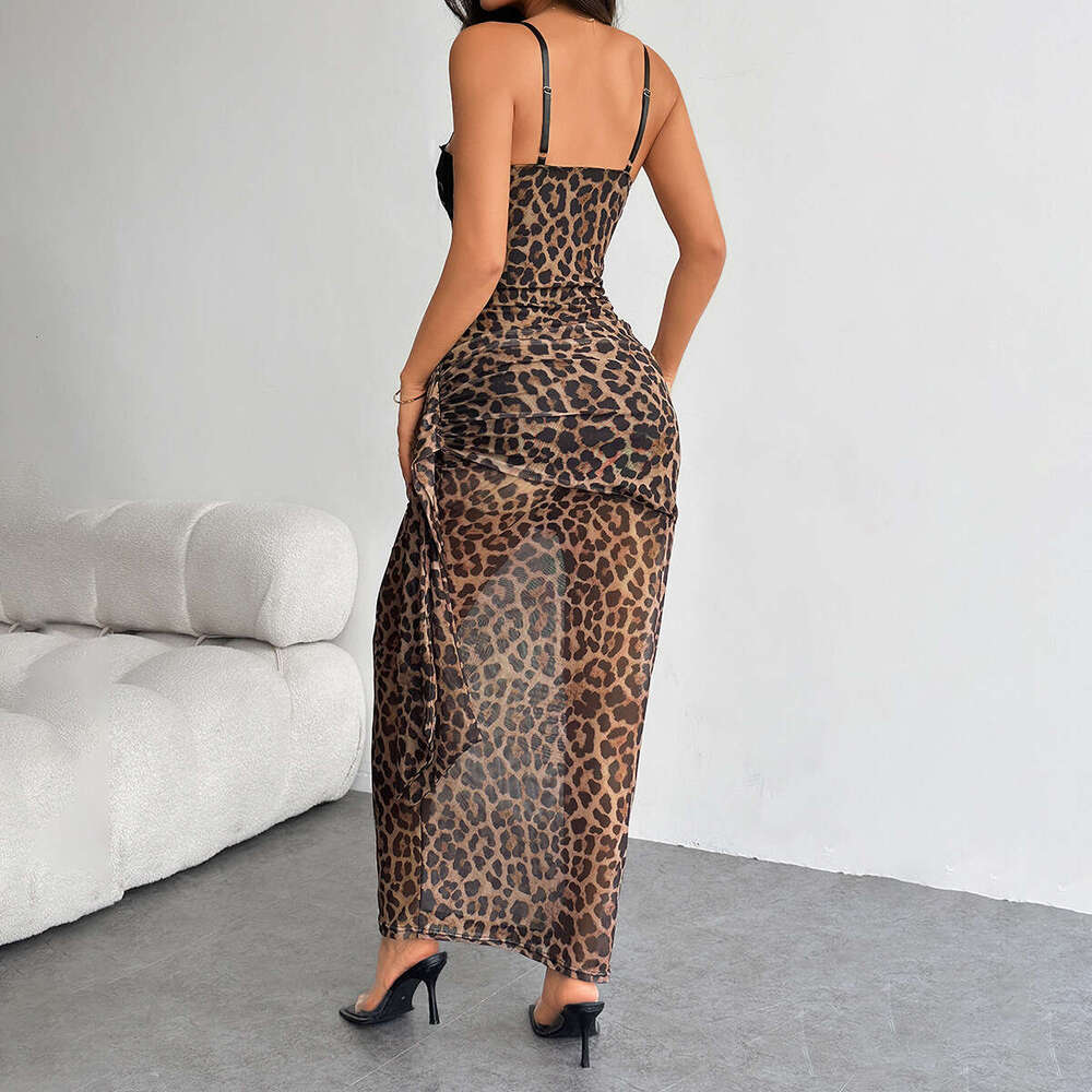 Cross-Border New Style European and American Leopard Print Wrap Chest Sexy Lace Slim Fit Strap Dress for Women 968