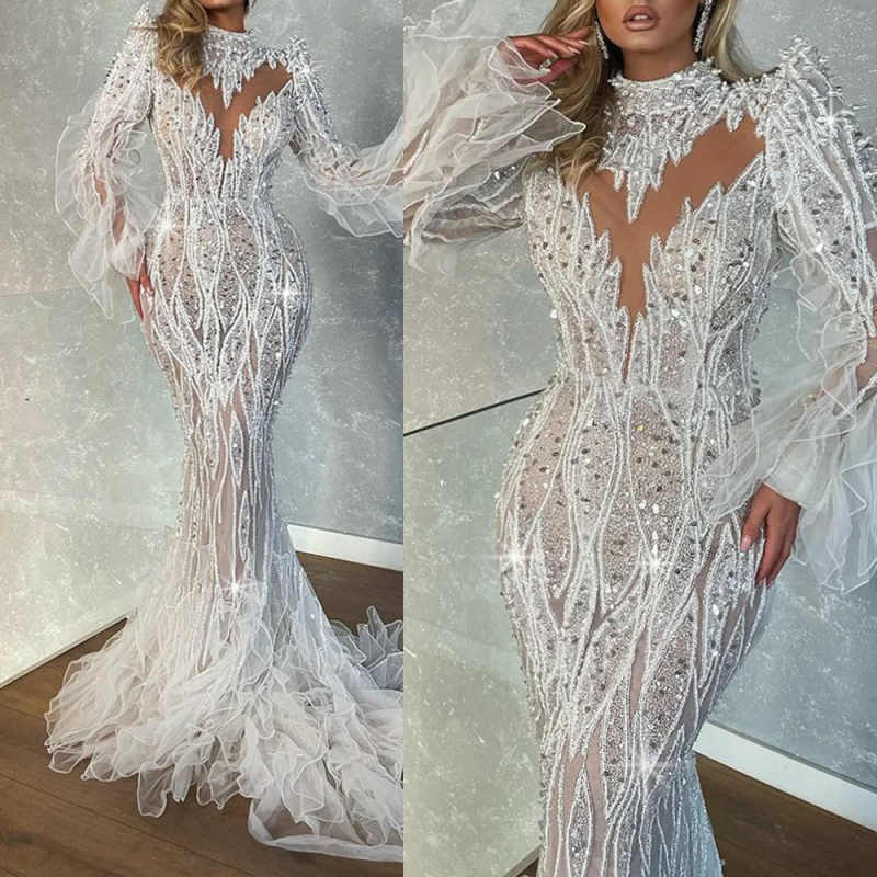 Fashion High Neck Beaded Mermaid Wedding Dress Sexy Long Sleeve Sequins Bridal Gown Floor Length Ruffle Bride Dresses Customized