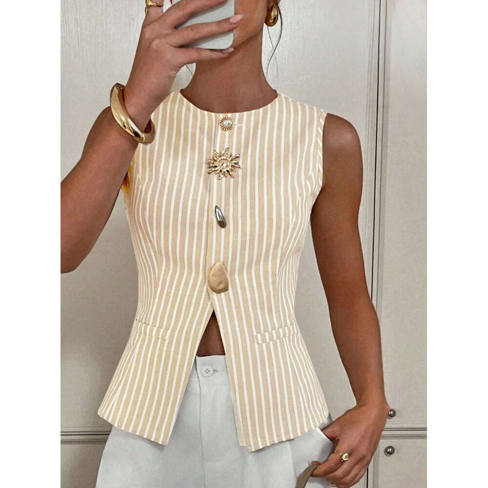 2026 New Women's Fashion European and American Single-Breasted Coat Elegant Striped Round Neck Button Vest Top