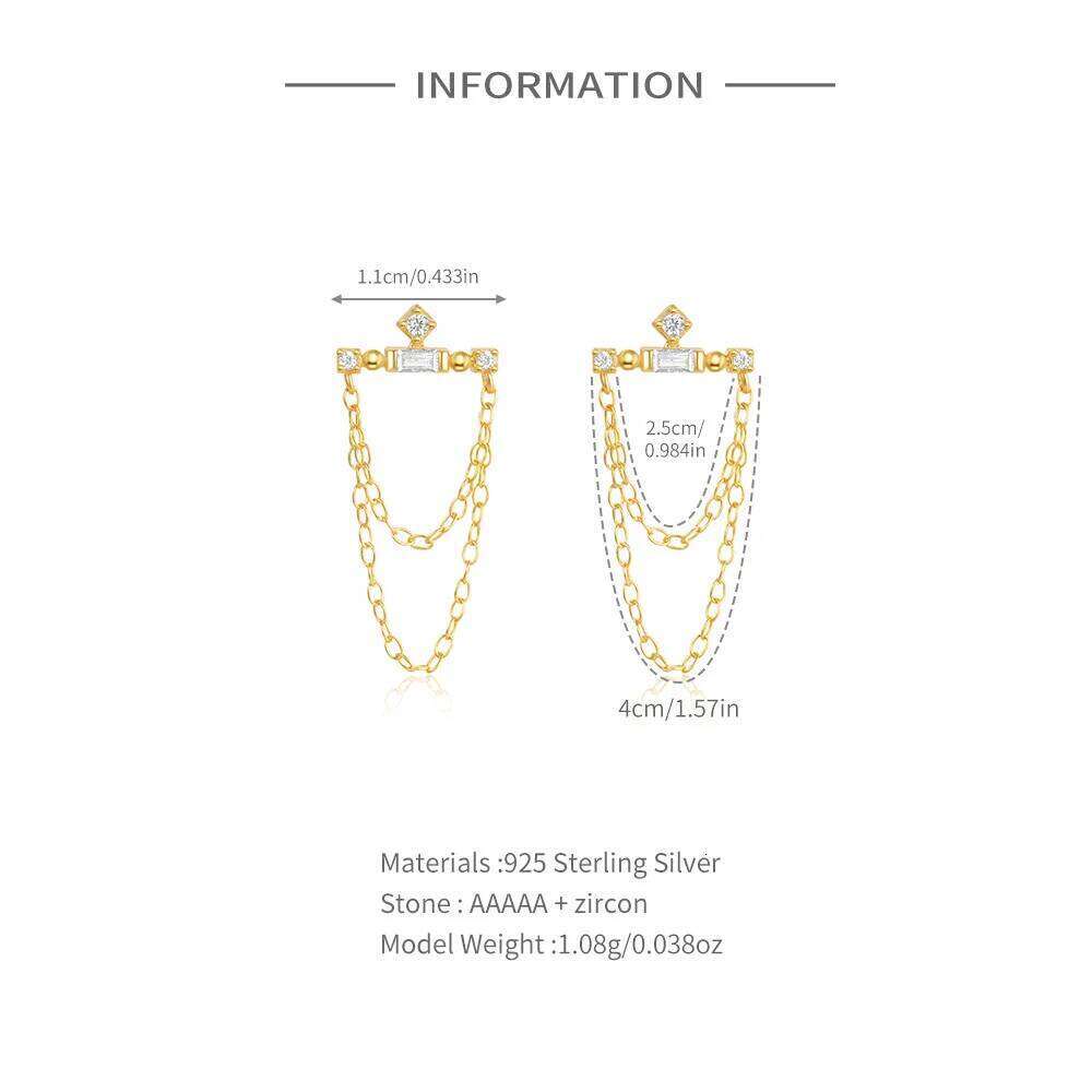 Aide 925 Sterling Silver Dual Chain Tassel Colored Zircon Two Stud Earrings For Women Elegant Piercing Bohemian Jewelry Gift