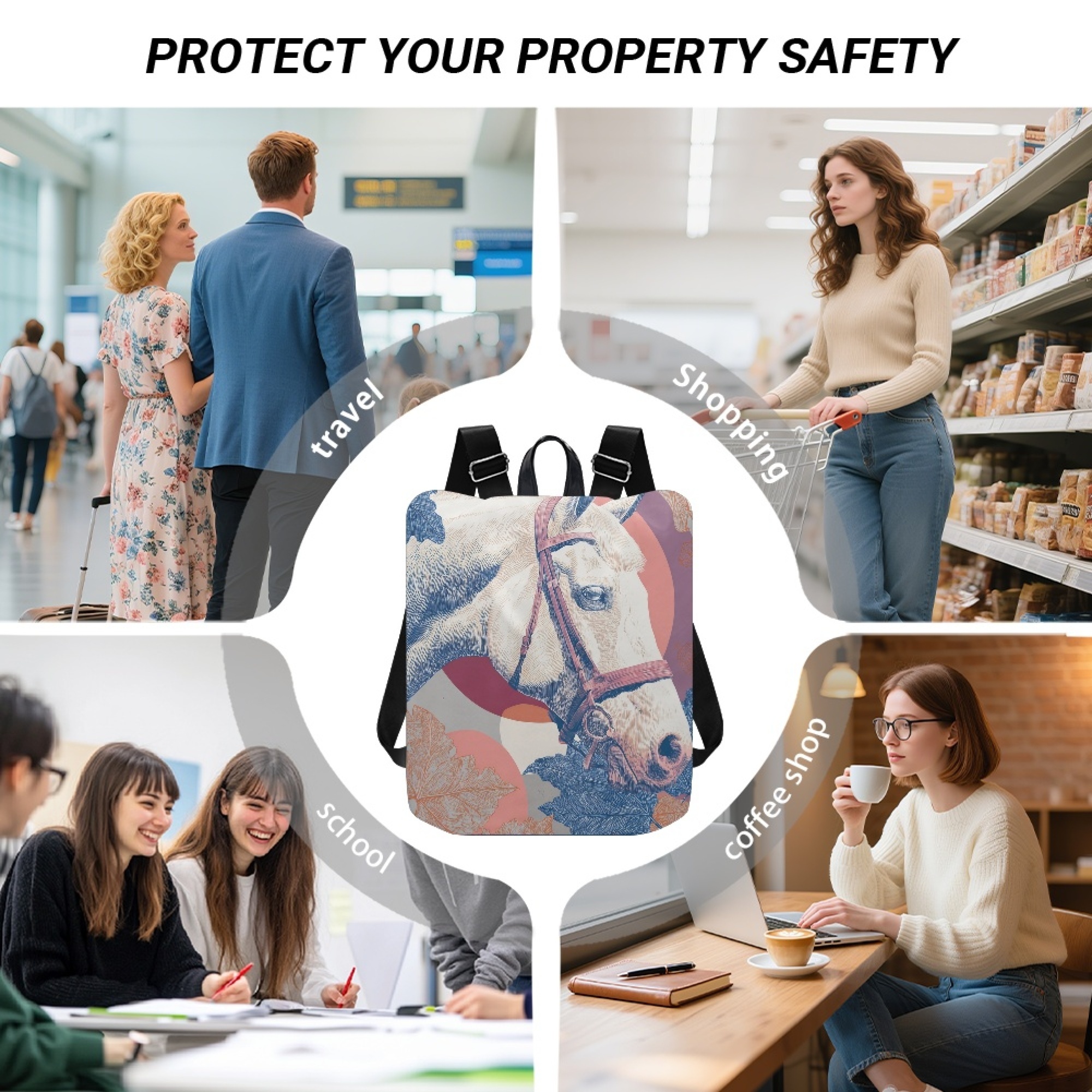 Custom H Designer Fashion Anti Theft Backpack Luxury Horse Pattern Unisex Full Print Backpack Laptop Bag Travel Bag H30