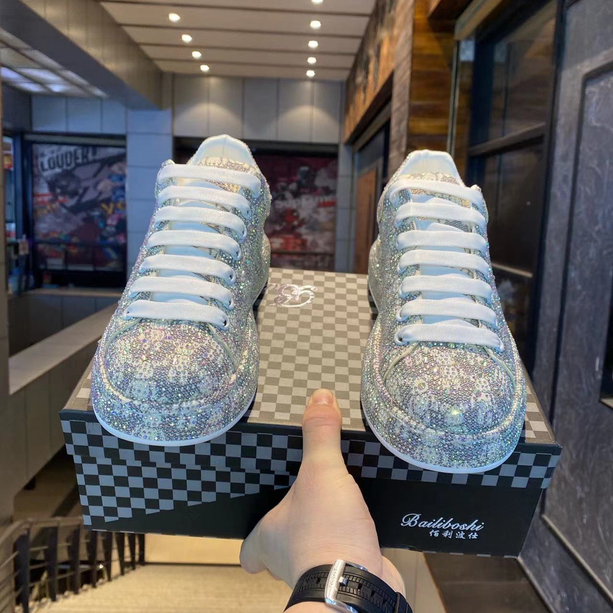 Spring Fashion Trend Board Shoes High-end Full Diamond Thick-soled Trendy Brand Casual Shoes Men's Hot Diamond Versatile Men's Shoes