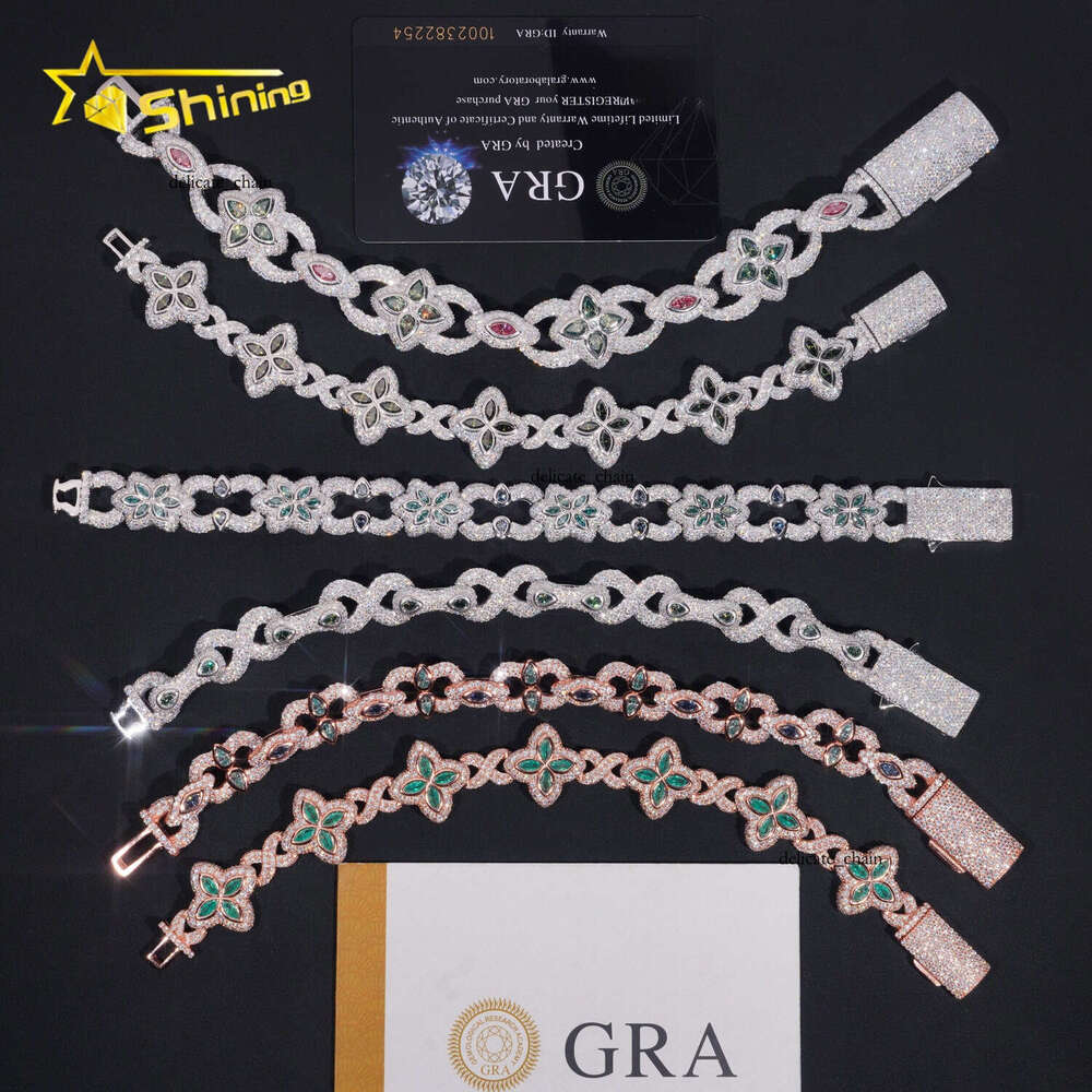 Fancy Style Hip-Hop Colorful Diamond 925 Silver Flower Iced VVS Moissanite Infinity Chain Bracelet