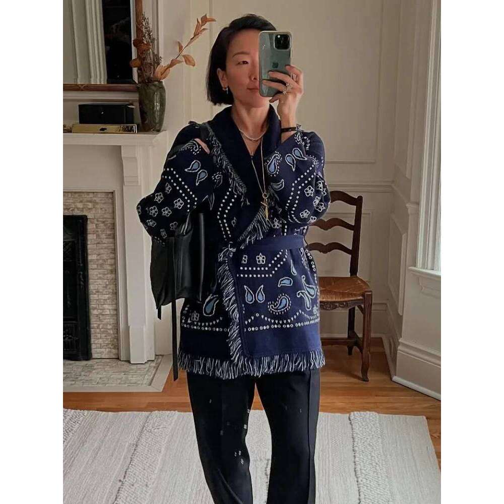 Tassel Patchwork Printed Cardigan Women Fashion V-Neck Long Sleeve Loose Outerwears Lady Autumn Daily Commute Street Cardigans