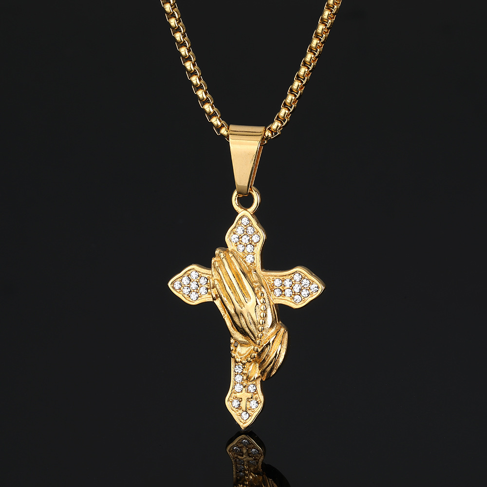 Luxury Brand Designer Jewelry Jewelry Source Manufacturer European And American Classic Retro Prayer Hands Cross Titanium Steel Gold-Plated Pendant In