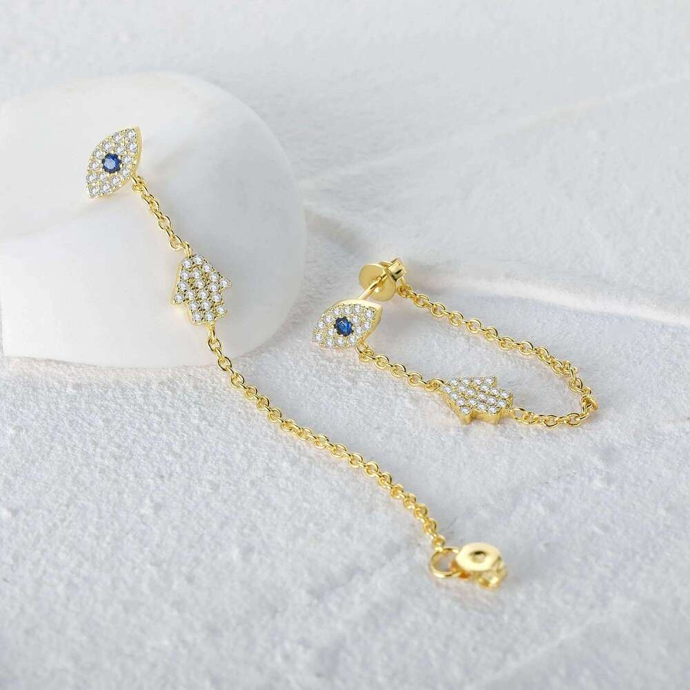 Aide Gold Silver Color Trendy Evil Eye Hamsa Hand Palm Charm Dangle Women Zircon Pave Long Chain Tassel Earrings
