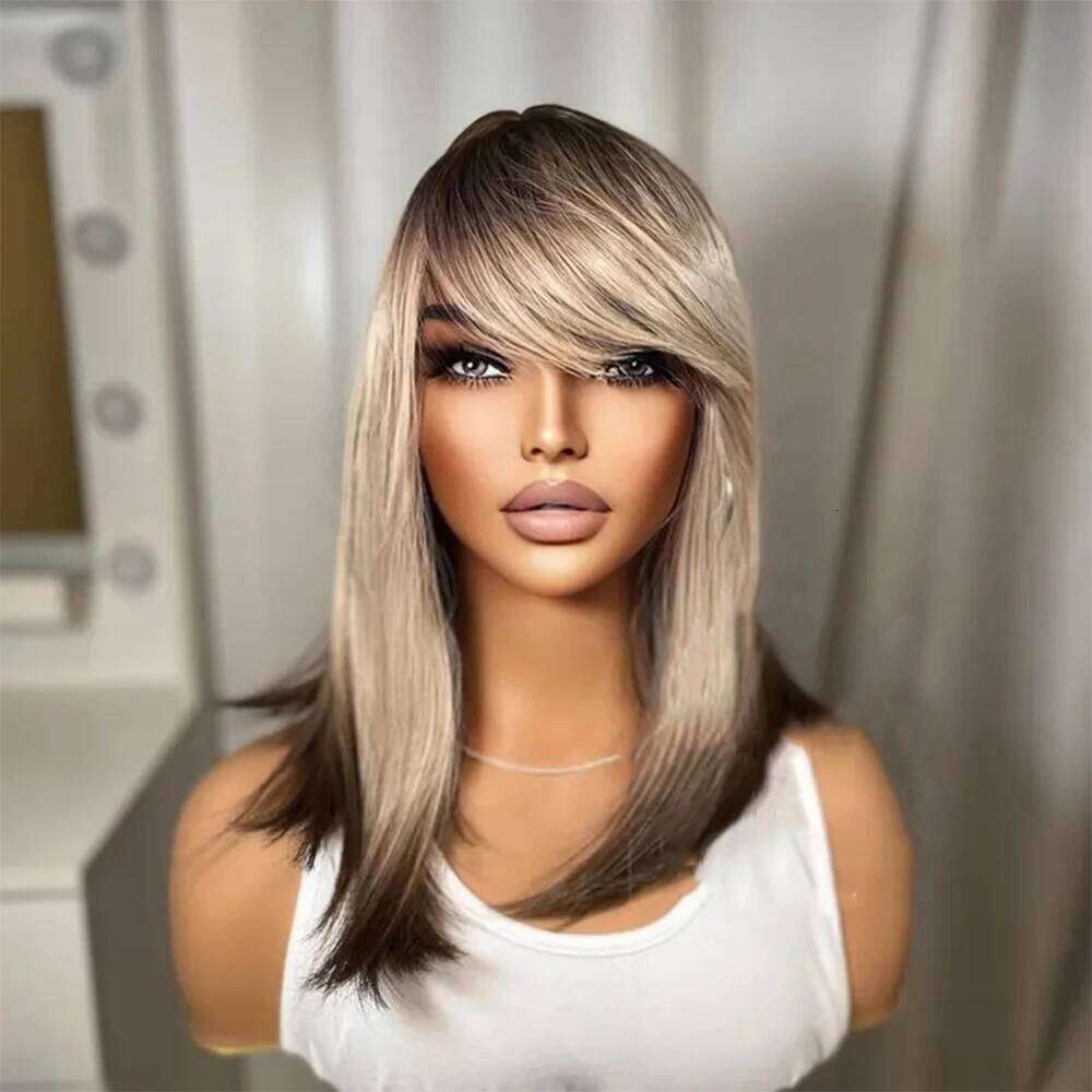 Platinum Blonde Short Dark Roots Premium Heat Resistant Synthetic Fibers Glueless with Bangs Woman Gift Wig