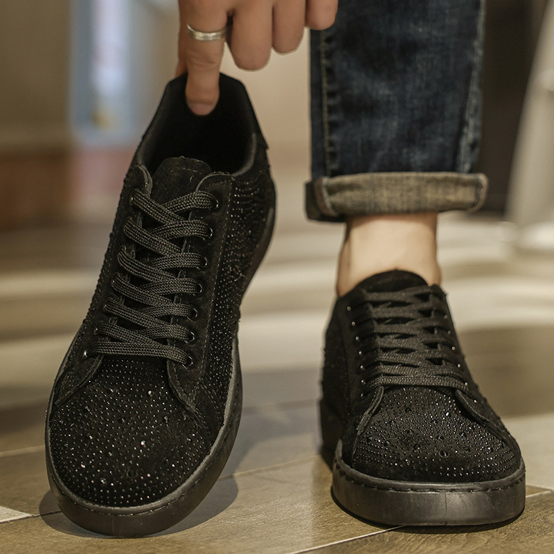 Luxury Shoes 2026 Men's Fashion Rhinestone Decor Casual Sneakers - Black Suede-like Low-Top Shoes for Daily/Streetwear (Size 39-44)